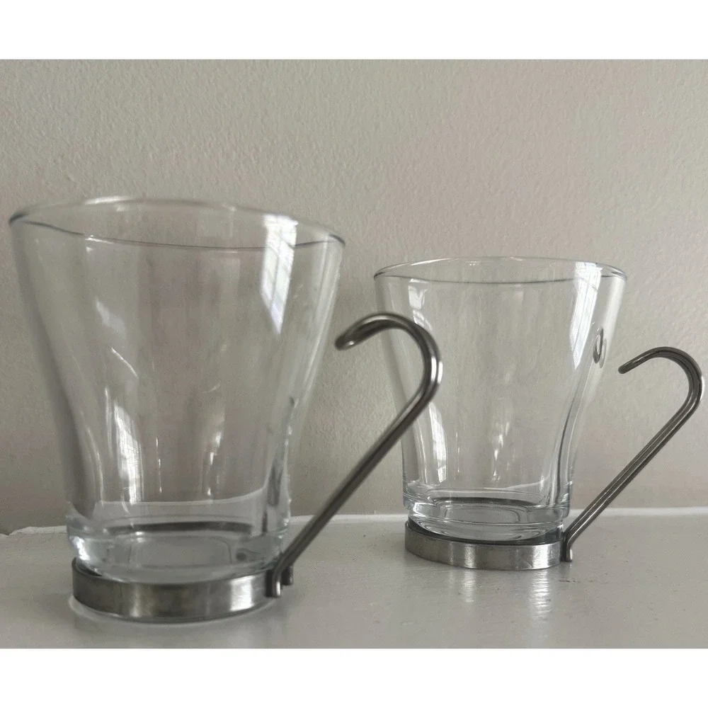 Bormioli Rocco Set 2 Glass Cappuccino Coffee Tea Cups Stainless Steel Handle Box